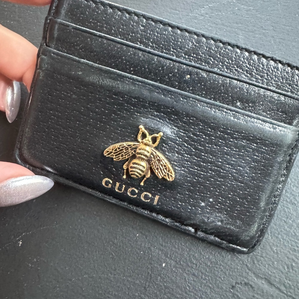 Gucci Black Leather Card Holder with Gold Bee Accent